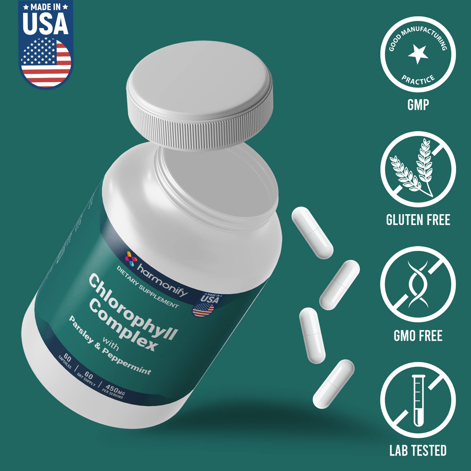 HARMONIFY - Wholesale Oral Supplement/Vitamin - HARMONIFY Chlorophyll Capsules 450mg with Vitamin C 120 Caps1