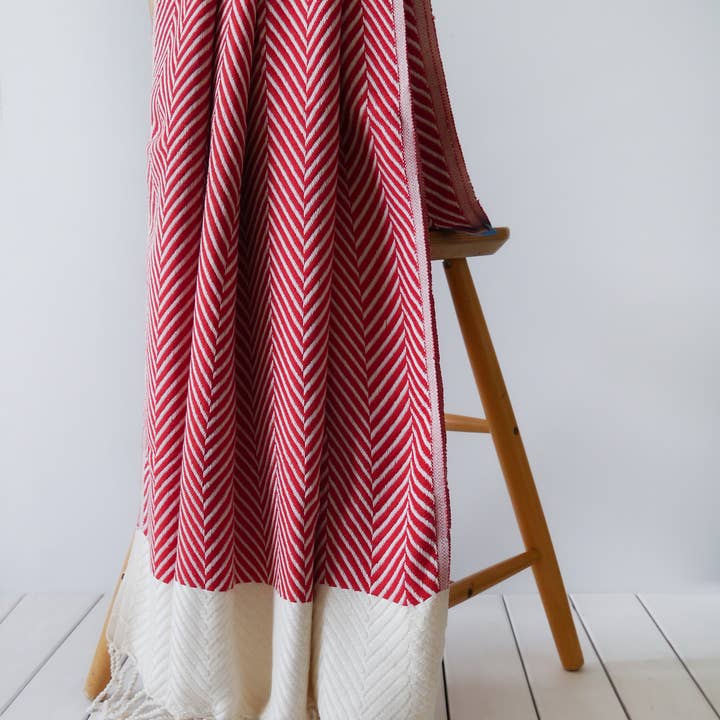 HERRINGBONE Handwoven Cotton Throw Blanket - Red for wholesale by Living Roots