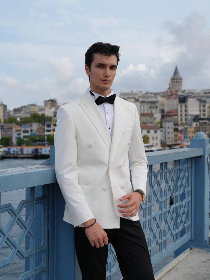 parez suits - Wholesale Tuxedo Set - Men's - Men's White Tuxedo Suit with Satin Lapel and Black Bow Tie2