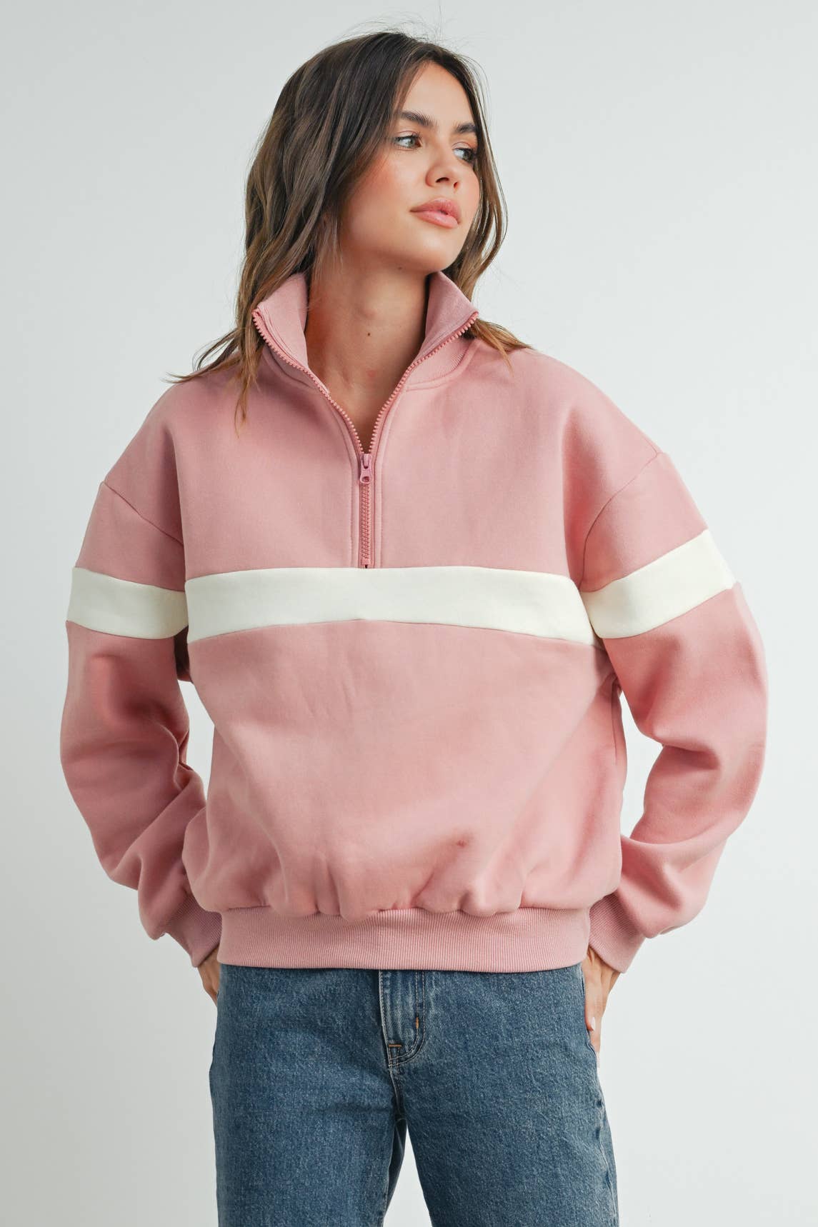 BUTTERMELON - Wholesale Sweatshirt - Women's - Two-Toned Half Zip Collar Sweatshirt - BMT753527