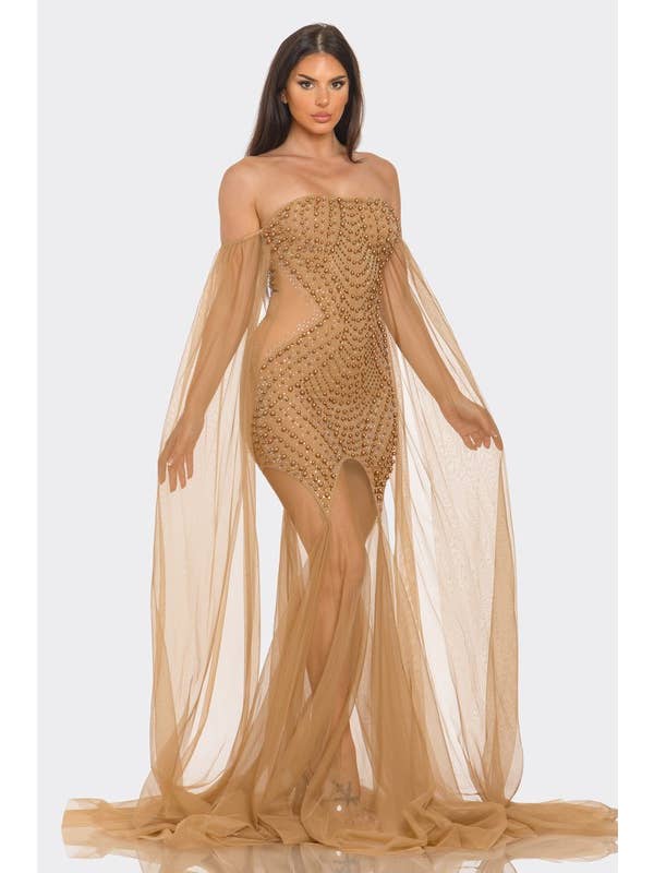 Nude BDS71770P1 Pearl/Rhinestone Embellished Off Shoulder Dress for wholesale on Faire3