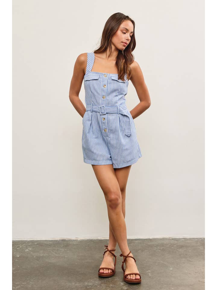 Mustard Seed - Wholesale Romper - Women's - BELTED WAIST BUTTON CLOSURE SLEEVELESS ROMPER