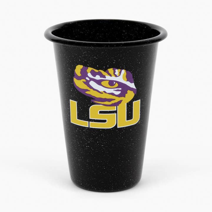 Louisiana State (LSU) Enamelware 14oz Tumbler, Black Speckle for wholesale by Crow Canyon Home