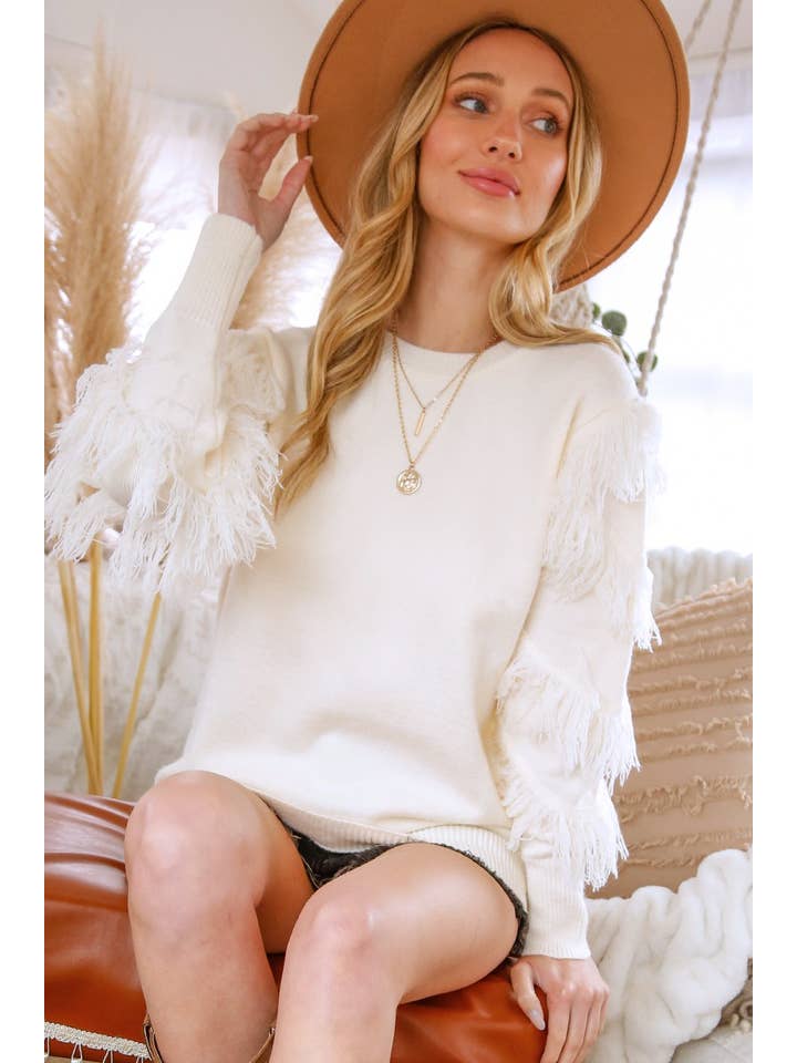 Vine & Love - Wholesale Knit Sweater - Women's - Tied String Tassel Detail Round Neck Knitted Sweater VT60383