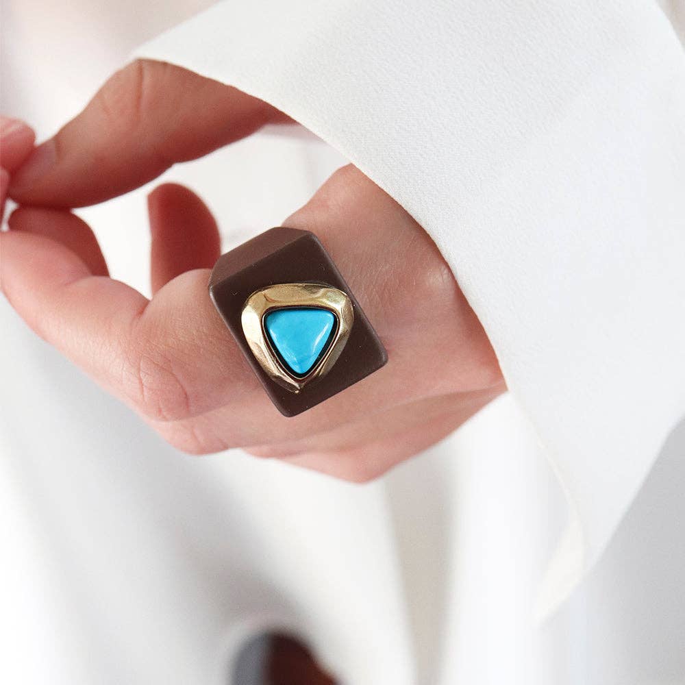 ÉMOLO - Wholesale Cocktail/Statement Ring - Brown ring with natural turquoise stone [TURQUESA]1