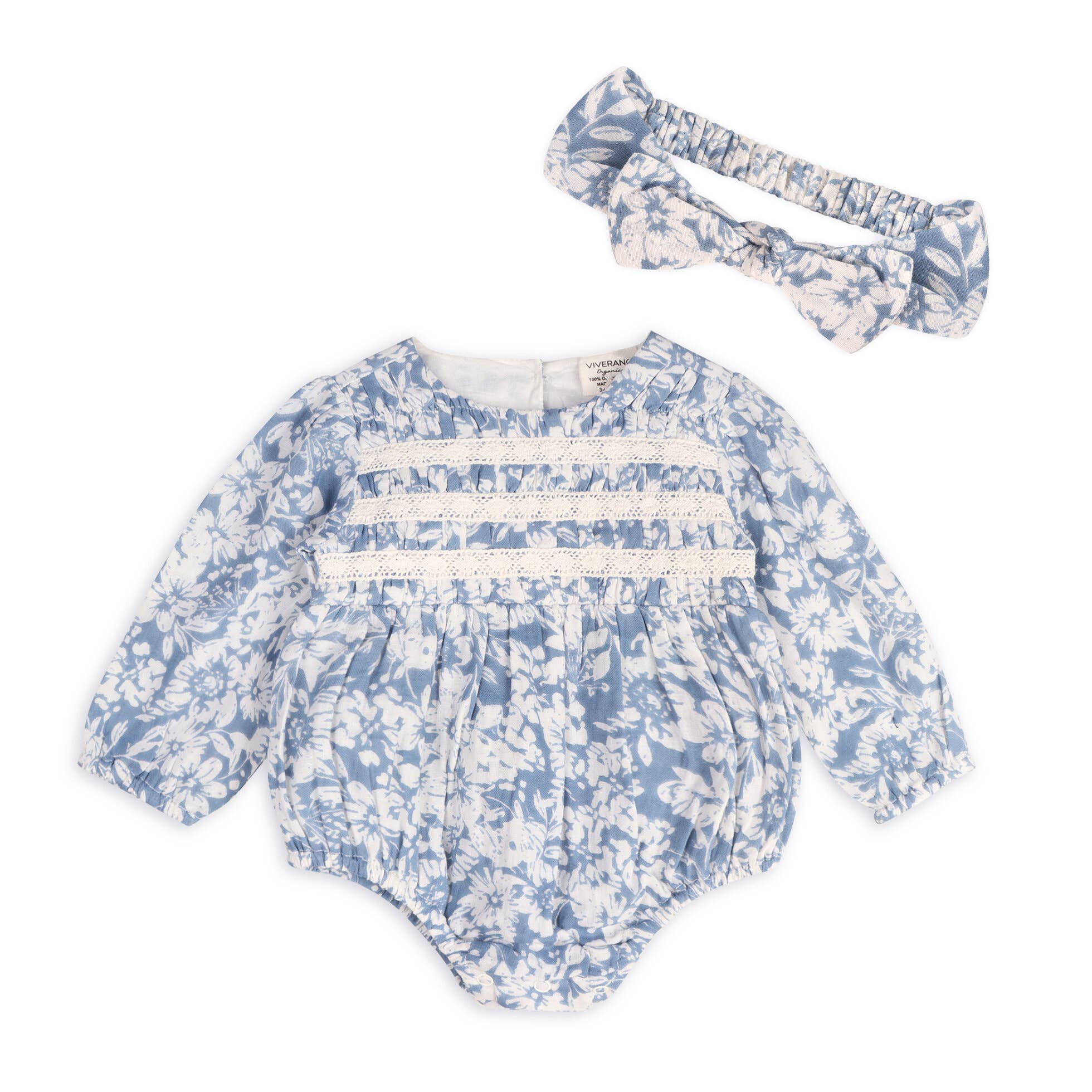 Blauwe bloemen Mykonos Baby Romper & Hoofdband Set (Biologisch Katoen) voor groothandel op Faire0