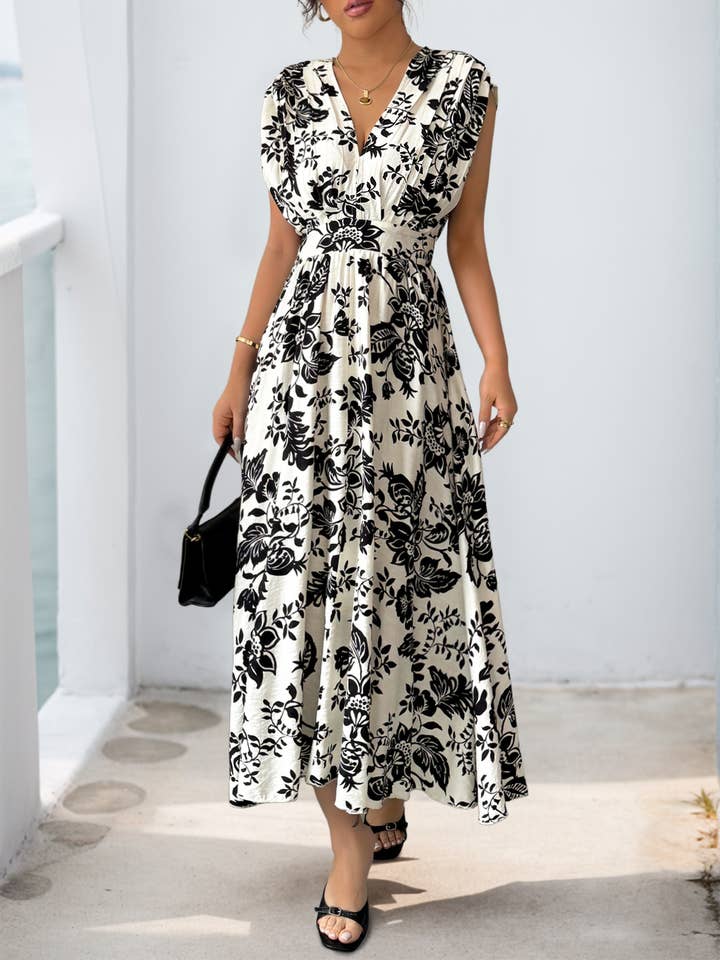 Elegant Floral Print V-Neck Sleeveless Dress for wholesale by Comely Fashion