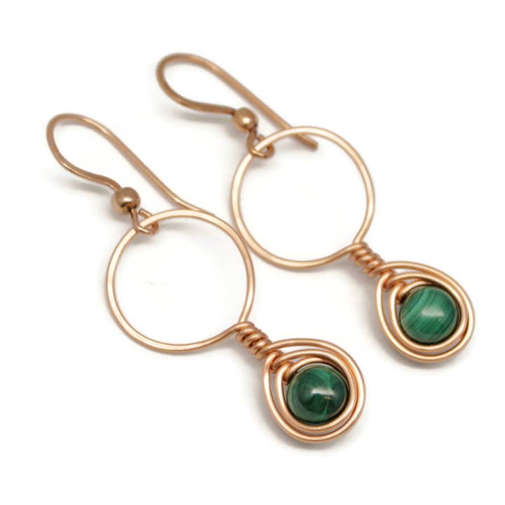 Copper and Malachite Gemstone Wire Wrapped Earrings for wholesale by Pillar of Salt Studio