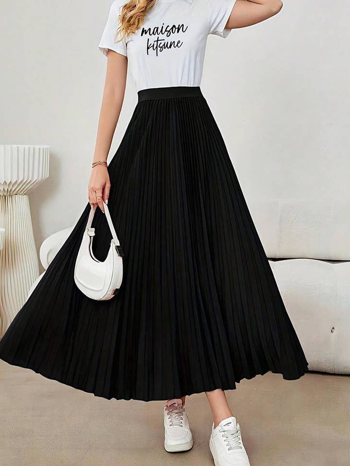 BLACK CWBLS0513_PLEATED FLARED A-LINE POLYESTER MIDI SKIRT for wholesale on Faire5