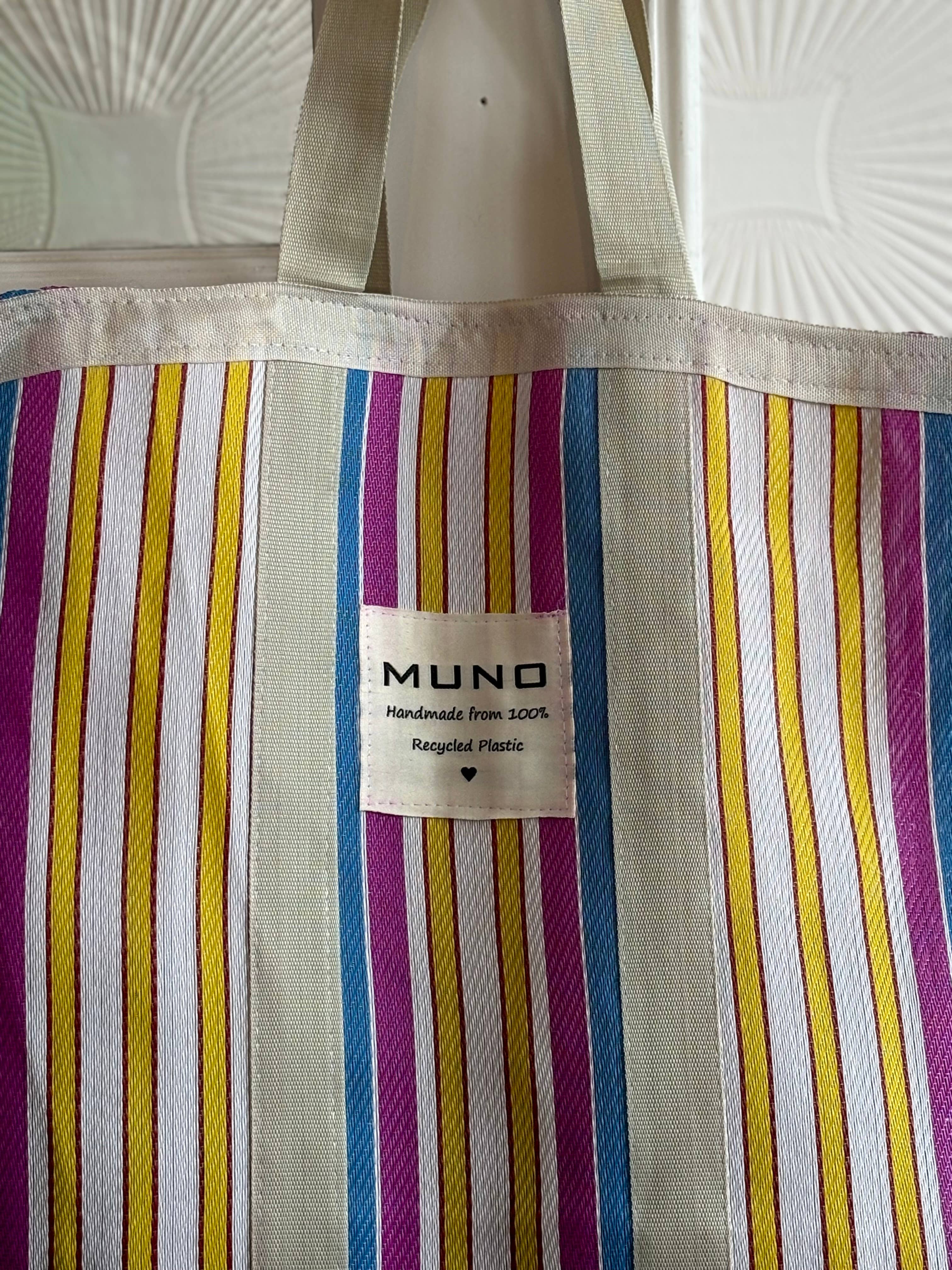 Muno - Vente Tote bag – unisexe - Sac XL en nylon recyclé fait main - rayures verticales bleu et violet3