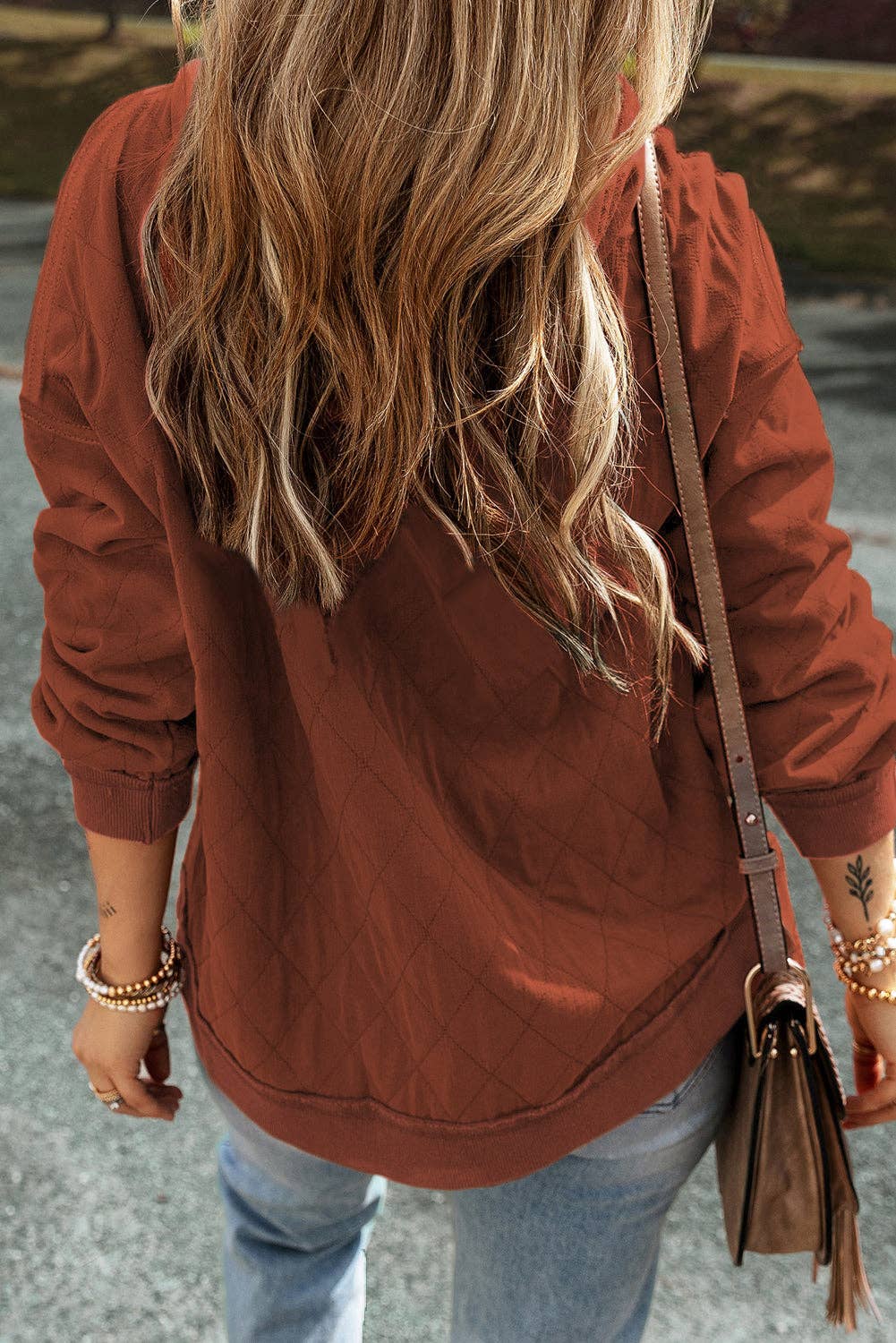 Suhkasana - Wholesale Hoodie - Women's - Chestnut Quilted Patchwork Exposed Seam Hoodie1