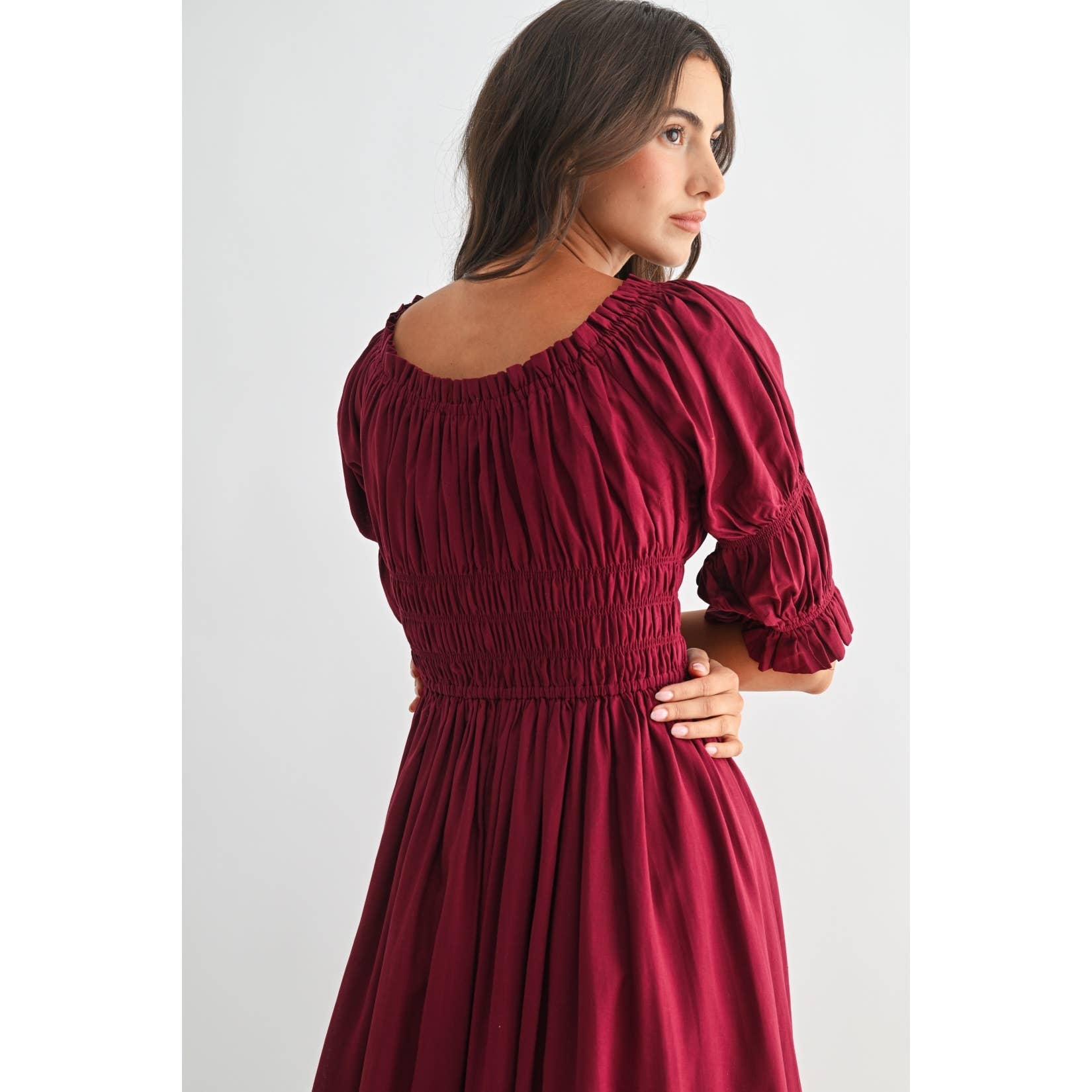 BURGUNDY OFF-SHOULDER SMOCKED MIDI DRESS WITH PLEATED SKIRT for wholesale on Faire11