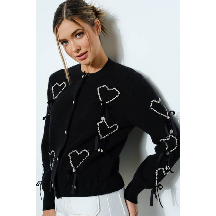 Pearl Trimmed Heart Patterns Bow Detail Cardigan for wholesale by INA