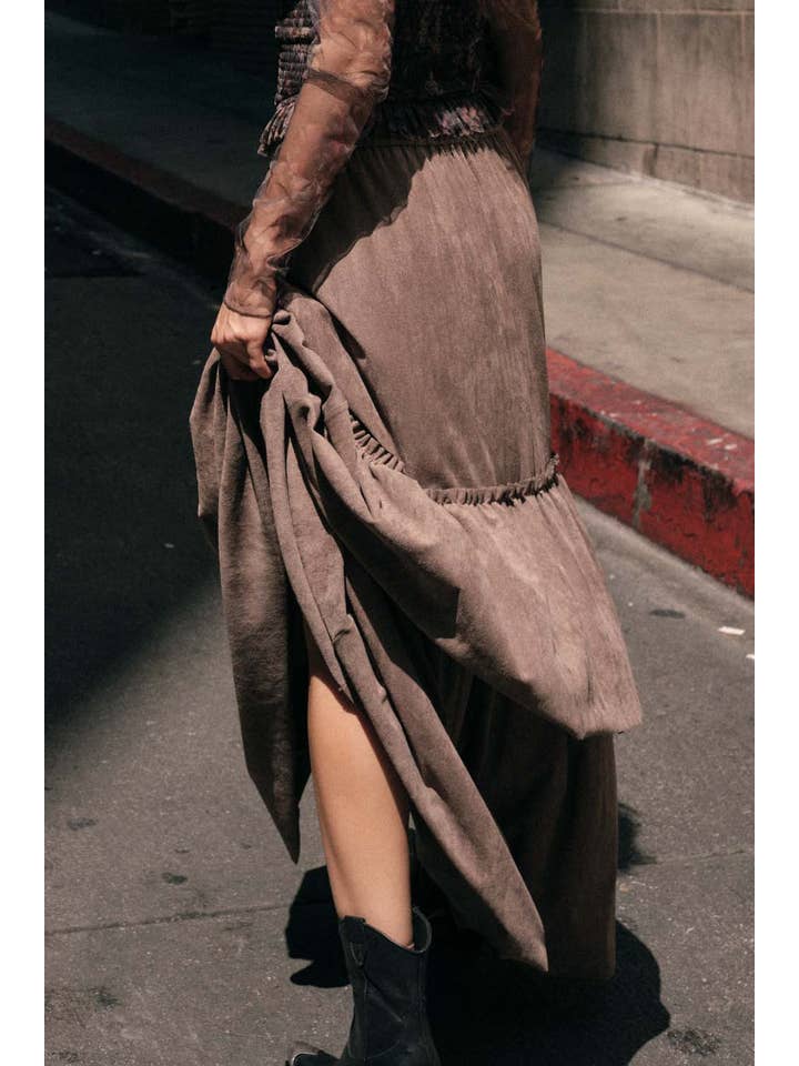 Promesa USA - Wholesale Skirt - Women's - Faux Suede Raw-Edge Tiered Ruffle Maxi Skirt11