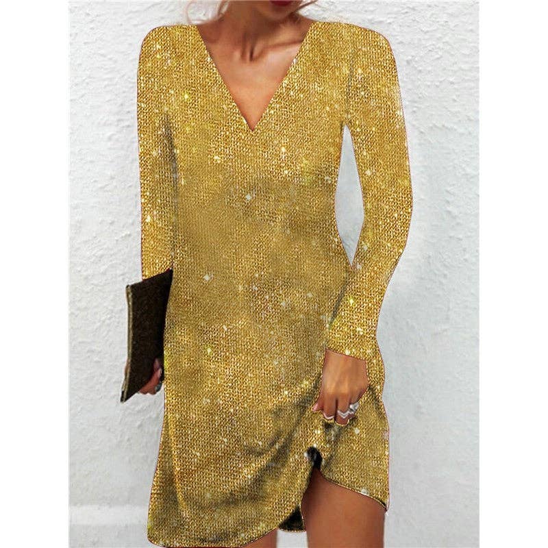 kycozy - Wholesale Dress - Women's - V-Neck Sequin Long Sleeve Short Dress1