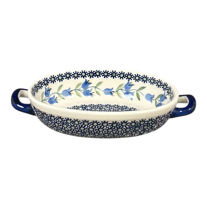 Plat à four, ovale, poignées, petit 8,5" x 4,75" en "Lily of the Valley" par Manufaktura | P138T-ASD pour la vente par Polish Pottery Outlet