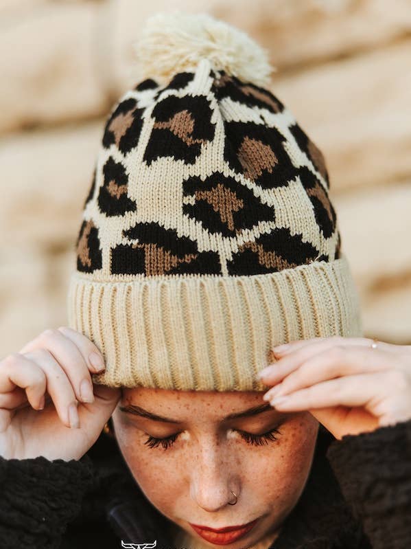 Cream Leopard Fleece Lined Knit Pom Beanie for wholesale by LUCKY & BLESSED