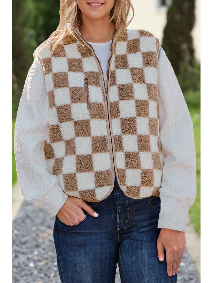 Beige Checkered Sherpa Sleeveless Zip Up Jacket Vest (S-XL) for wholesale on Faire