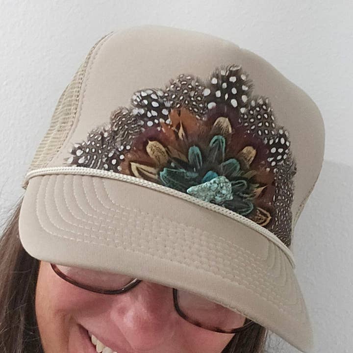 Funk Town Tees - Wholesale Trucker Hat - Women's - Feather Western Trucker Hat, Trucker Hat with feathers Khaki