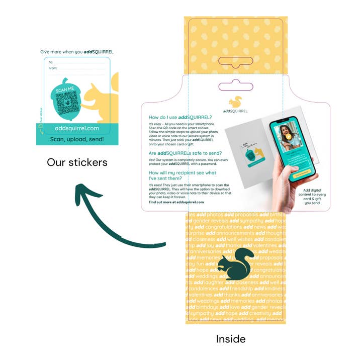 addSQUIRREL – wholesale Klistermärke – 3-pack med AddSquirrel QR smarta klistermärken lägg till video, foto