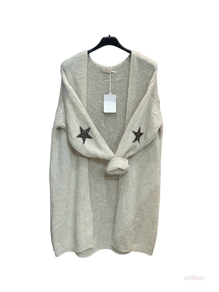 MOONSUN – wholesale Kofta - Dam – Tjock lång kofta med mohair och stjärnor vid armbågarna #3559 -1