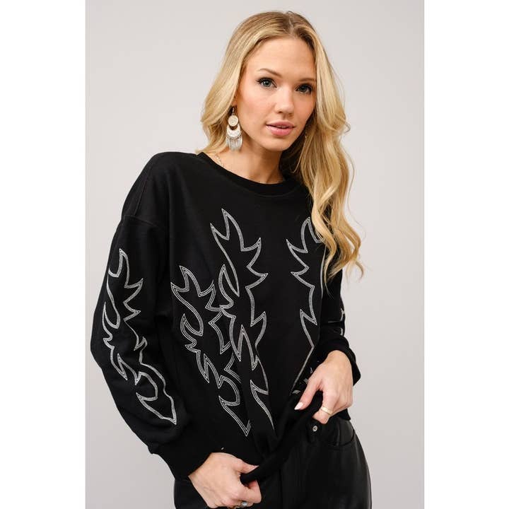 BNS - Wholesale Graphic Sweatshirt - Women's - Western Boots Stitch Long Sleeve Sweatshirt Top