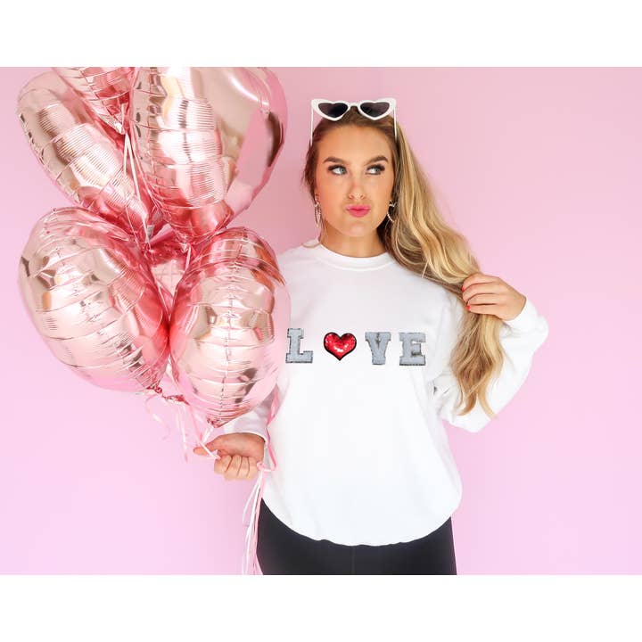 LOVE Chenille Patch Sweatshirt | White for wholesale by Rogue Society Apparel®️