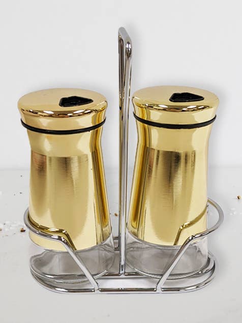 Gold Salt And Pepper Shaker With Stand for wholesale by Collection by Nouvelle