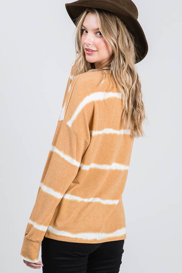 7th Ray – Engroshandel Strikket top - Dame – Stribet Tie Dye V-søm Drop Shoulder Langærmet Top T356532