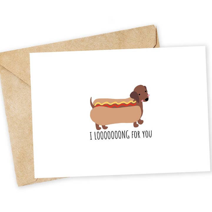 Funny Dachshund Hot Dog Valentine's Card for wholesale by Chewy Lemon Studio