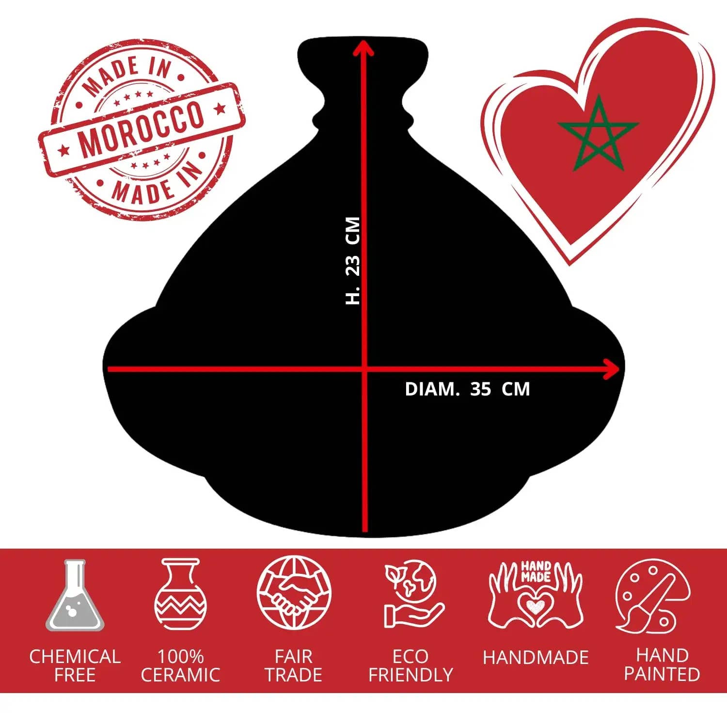 Etnico del Mondo - Wholesale Cooking Pot - Tajine XL 35 cm in Hand-Painted Terracotta with Ebook #165