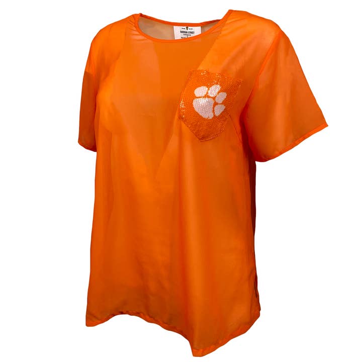 Clemson Tigers Short Sleeve Sheer with Sequin Pocket for wholesale by Emerson Street Clothing Co Collegiate Shop