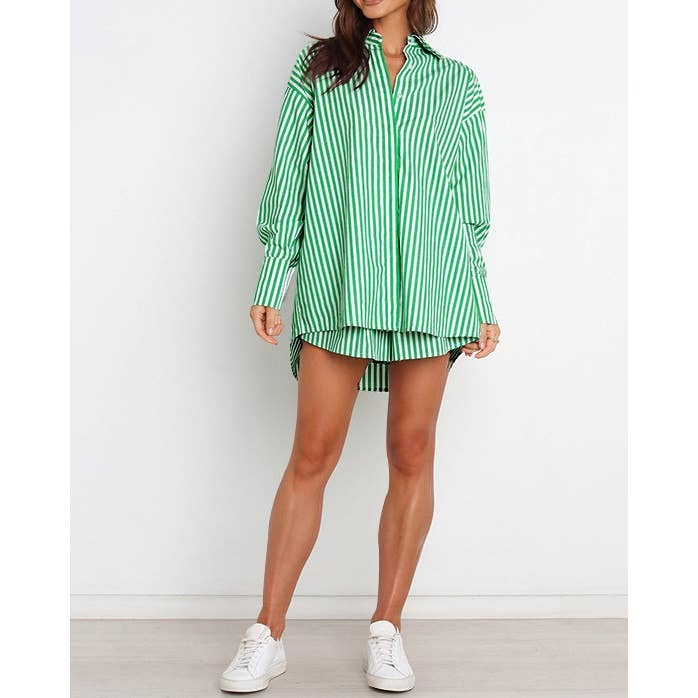 Mapcie - Wholesale Top & Pant Set (NOT Loungewear) - Women's - Striped Oversized Shirt and Drawstring Shorts Set13