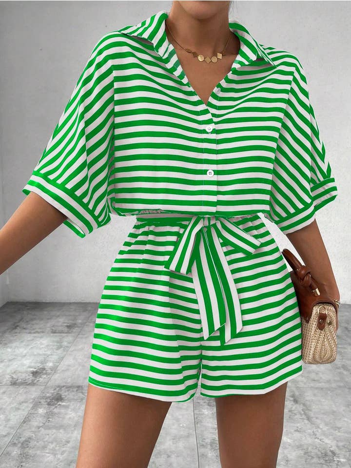 Wholesalesir - Wholesale Romper - Women's - Striped Lapel Button Waistband Shorts Jumpsuit