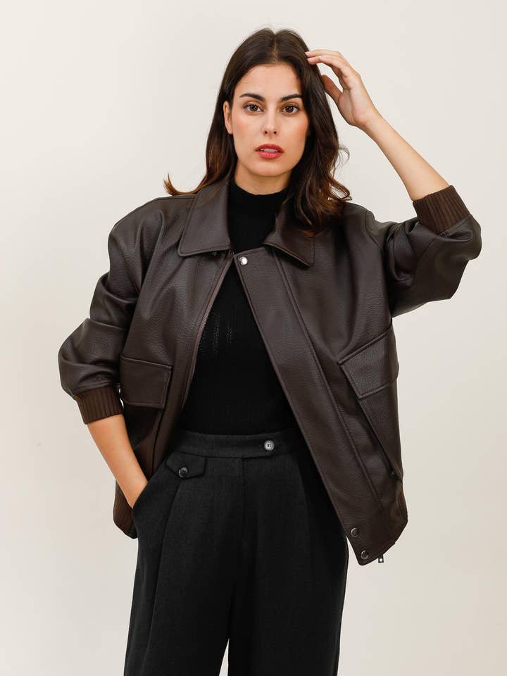 32071 GRAINED FAUX LEATHER JACKET for wholesale by Daphnea