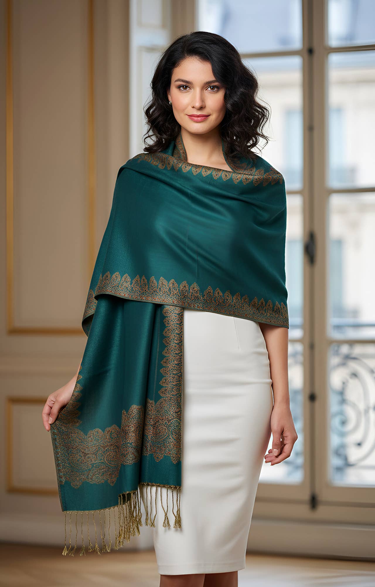 SERENITA - Wholesale Scarf - Women's - Pashmina Scarf Paisley Border Reversible Wrap Wedding Shawl4