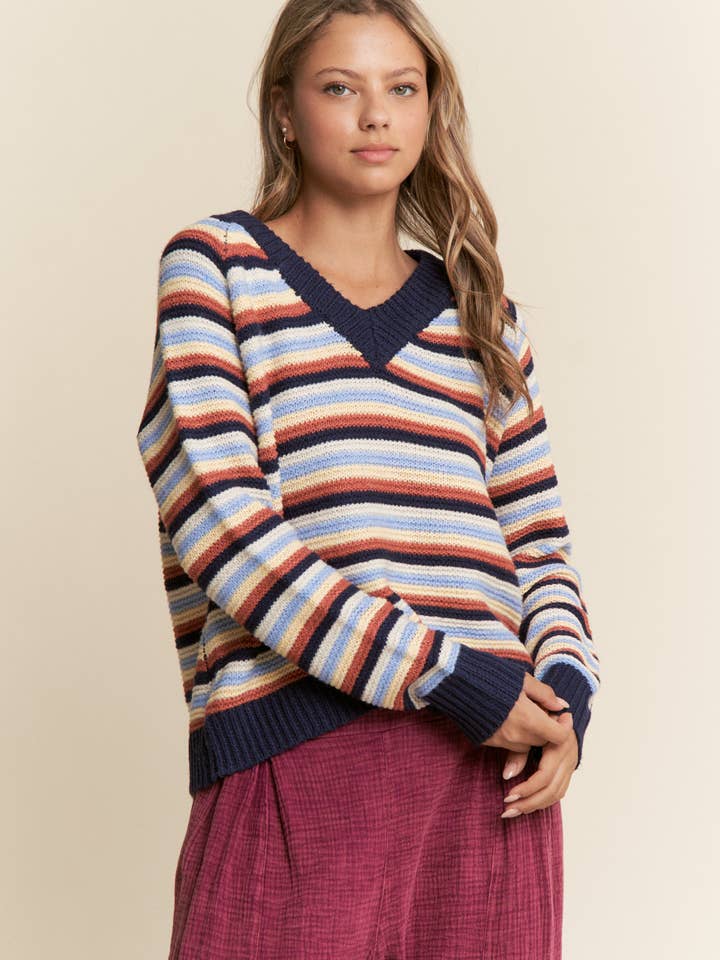 Multicolor Stripe Knit V Neck Sweater S-L/1X-3X for wholesale by J.NNA