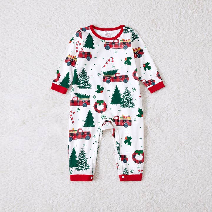 Multi Colored Christmas Family Allover Xmas Tree & Car Print Pajamas Set for wholesale on Faire