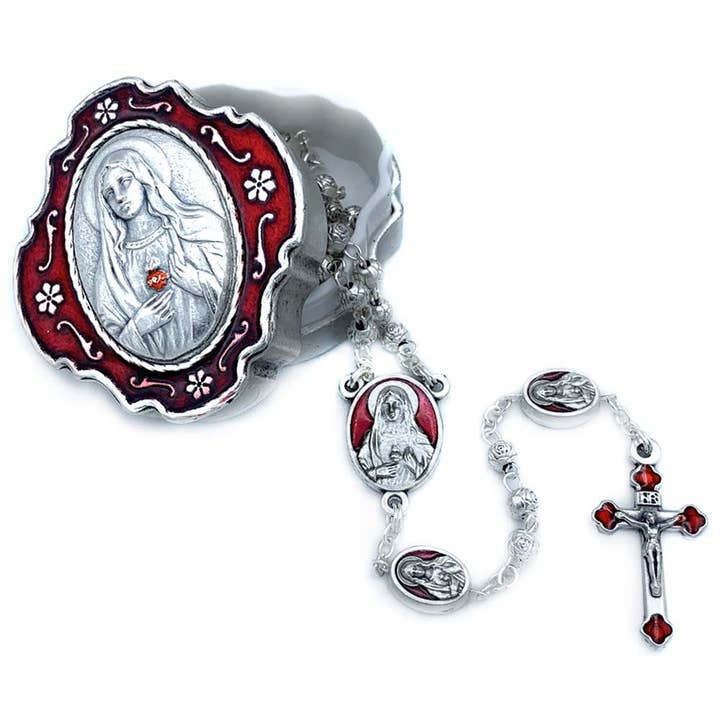 Sacred Heart of Mary Rozenkrans, metalen kralen en rode doos, geschenkset voor wholesale door RM Trading