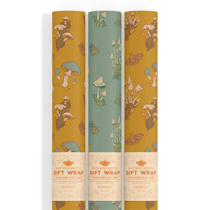 Mustard Beetle - Wholesale Flat Wrap - Recyclable Gift Wrap / Wrapping Paper: Mushrooms (Mustard &4