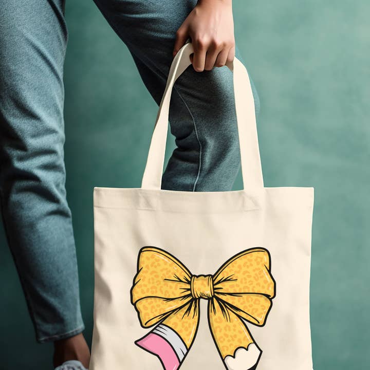 Teacher Bow Tote Bag – Fun Pencil Bow Design – 3 Styles! for wholesale by Delena Wright Artisan Jewelry