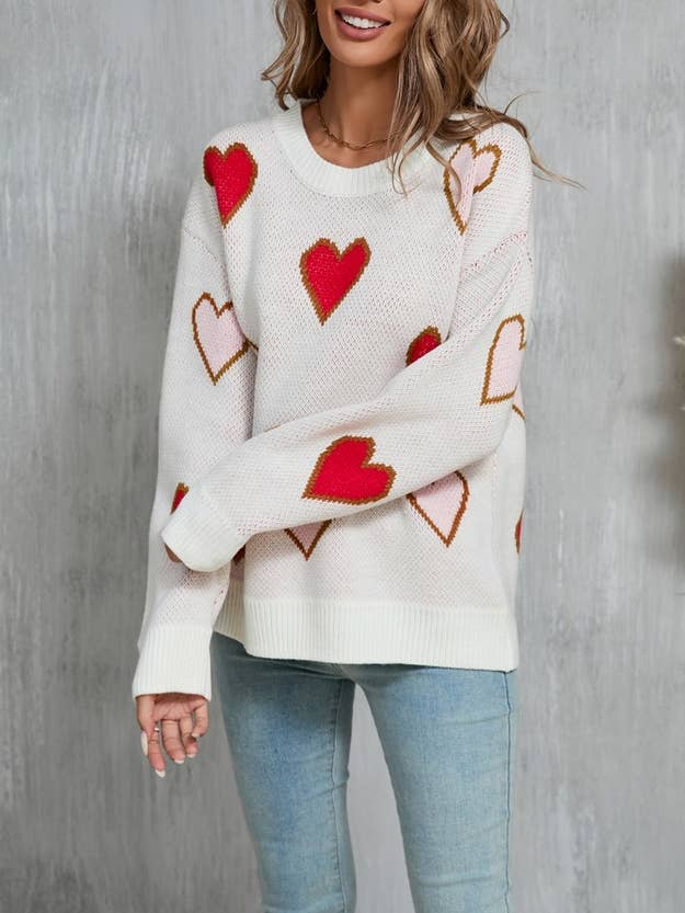 NINEXIS - Wholesale Knit Sweater - Women's - CWOSWL5782_CONTRAST VALENTINE'S DAY HEART PEACH SWEATER