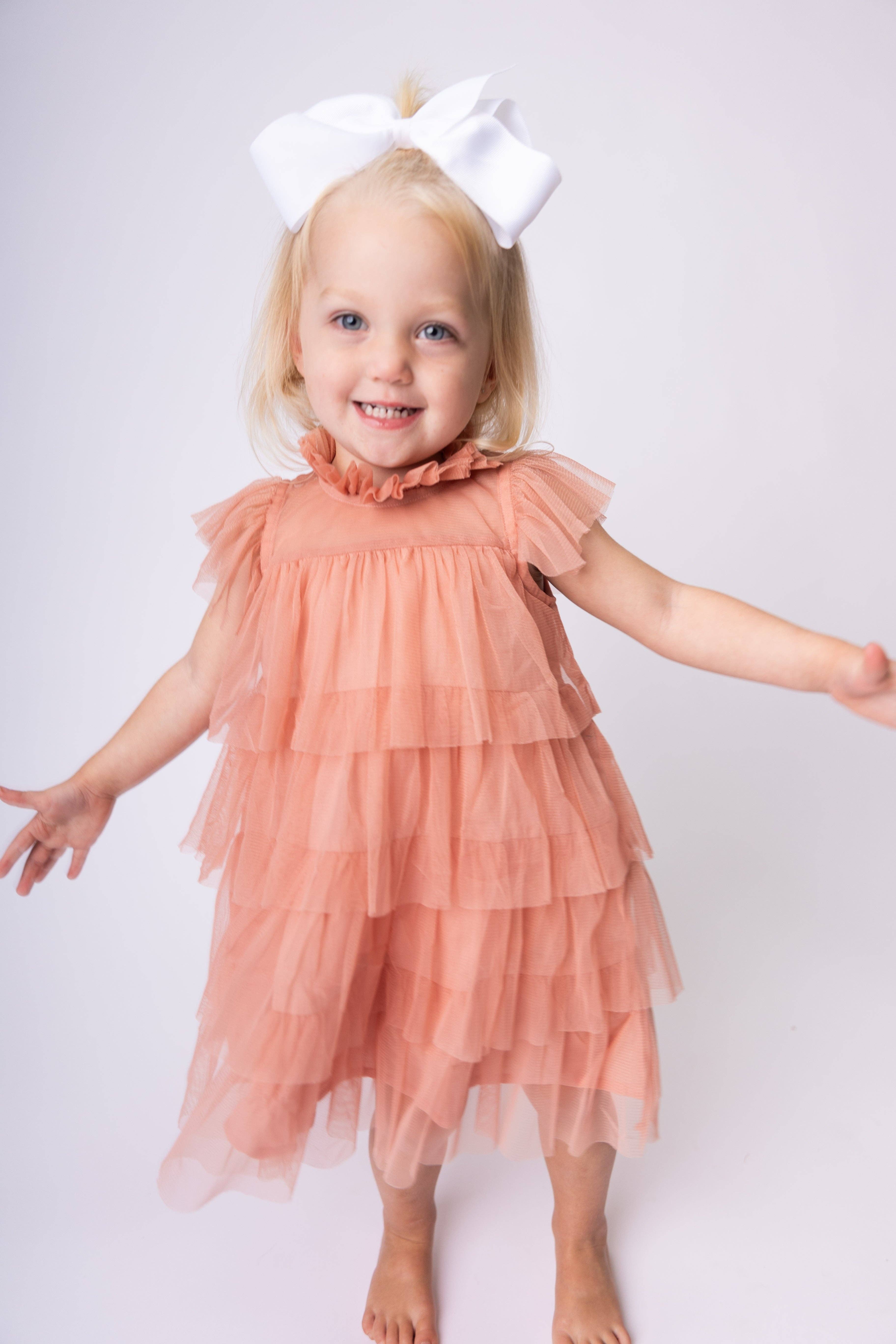 Yo Baby – wholesale Dress – Kids – Dark Pink Tulle Solid Color Neck & Sleeve Ruffled Tiered Dress1