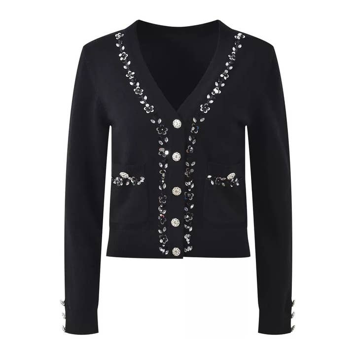 JK189 Autumn Winter Wool Knit Beaded Flower V-Neck Cardigan for wholesale by Productseeker