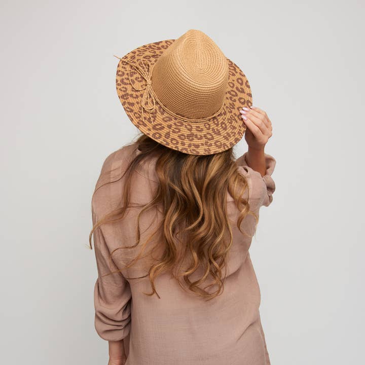 Fedora Hat Michela Leopard Print Brim Panama for wholesale by Elsie & Zoey