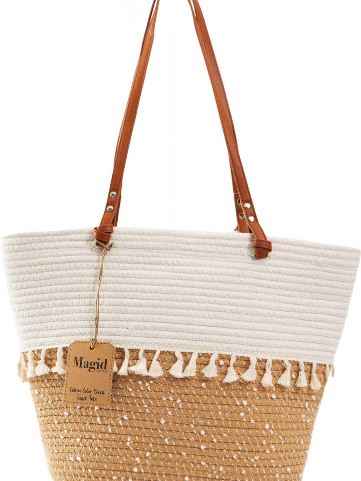 Magid Natuurlijke Katoenen Geweven & Imitatie Leren Franje Schoudertas voor wholesale door Magid