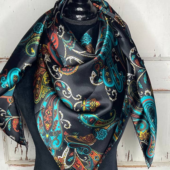 Rainyday Homemade - Wholesale Scarf - Women's - Paisley Wild Rag, Charmeuse Satin, Teal Paisley, Extra Large Wild Rag, Ranch Life, Cowboy Life, Cowgirl Life