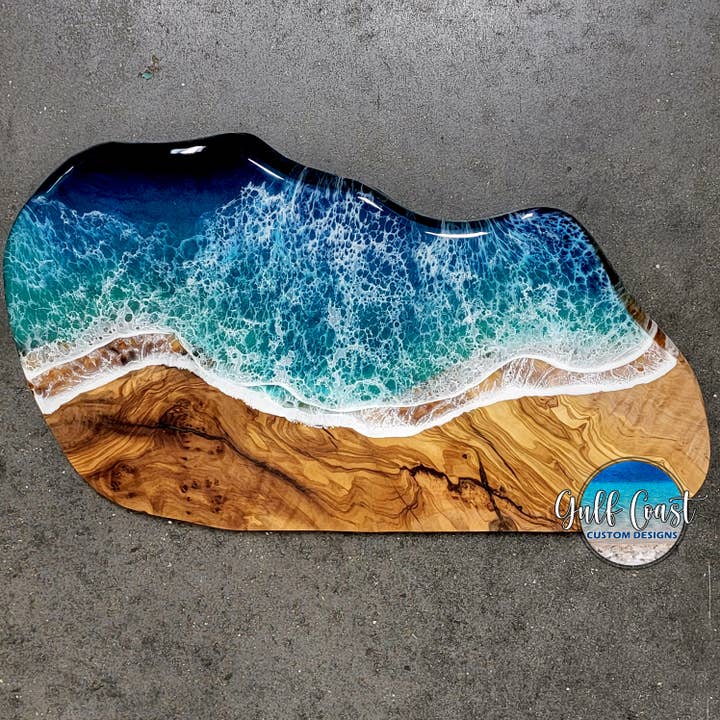 Olivewood Charcuterie Serving Board Tray + Epoxy Wave Design for wholesale by Gulf Coast Custom