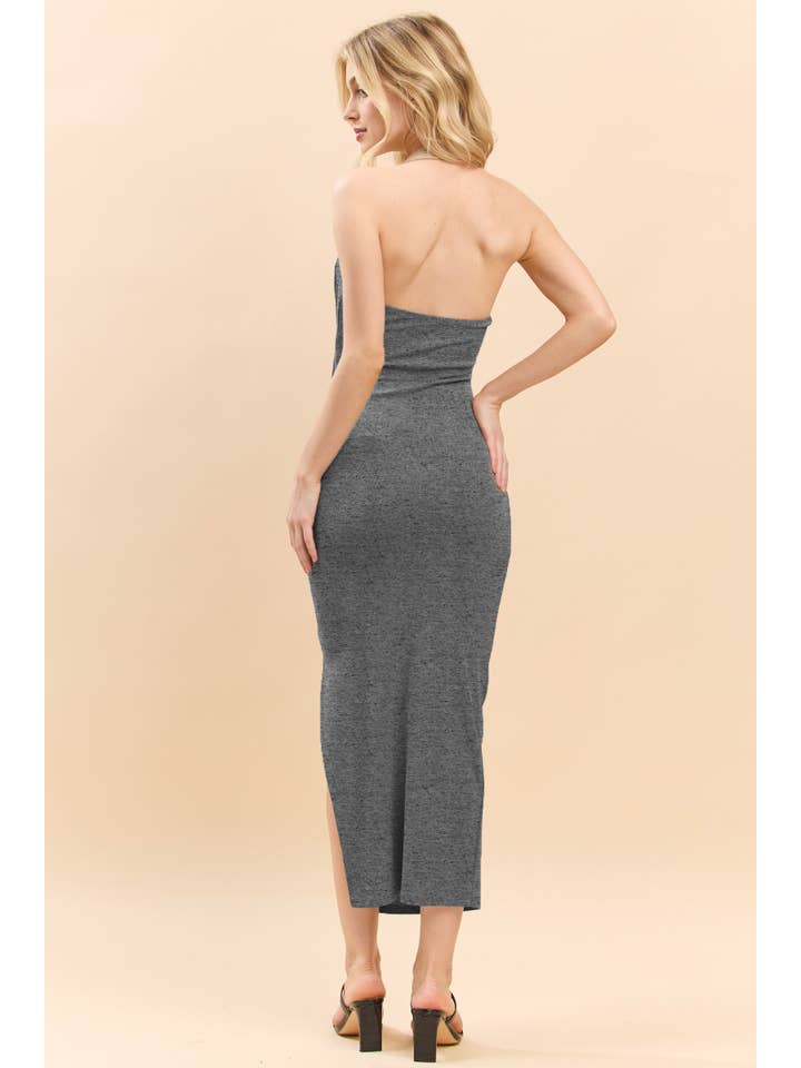 Heart & Hips – wholesale Dress – Women's – RD55135 - HALTER NECK RUCHED ASYMEETTRICAL SIDE SLIT DRESS2