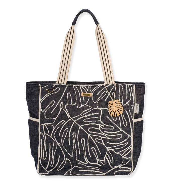 Black Leaves, Outline Monstera Shoulder Tote for wholesale by Headwear & Handbag Collections by Sun 'N' Sand